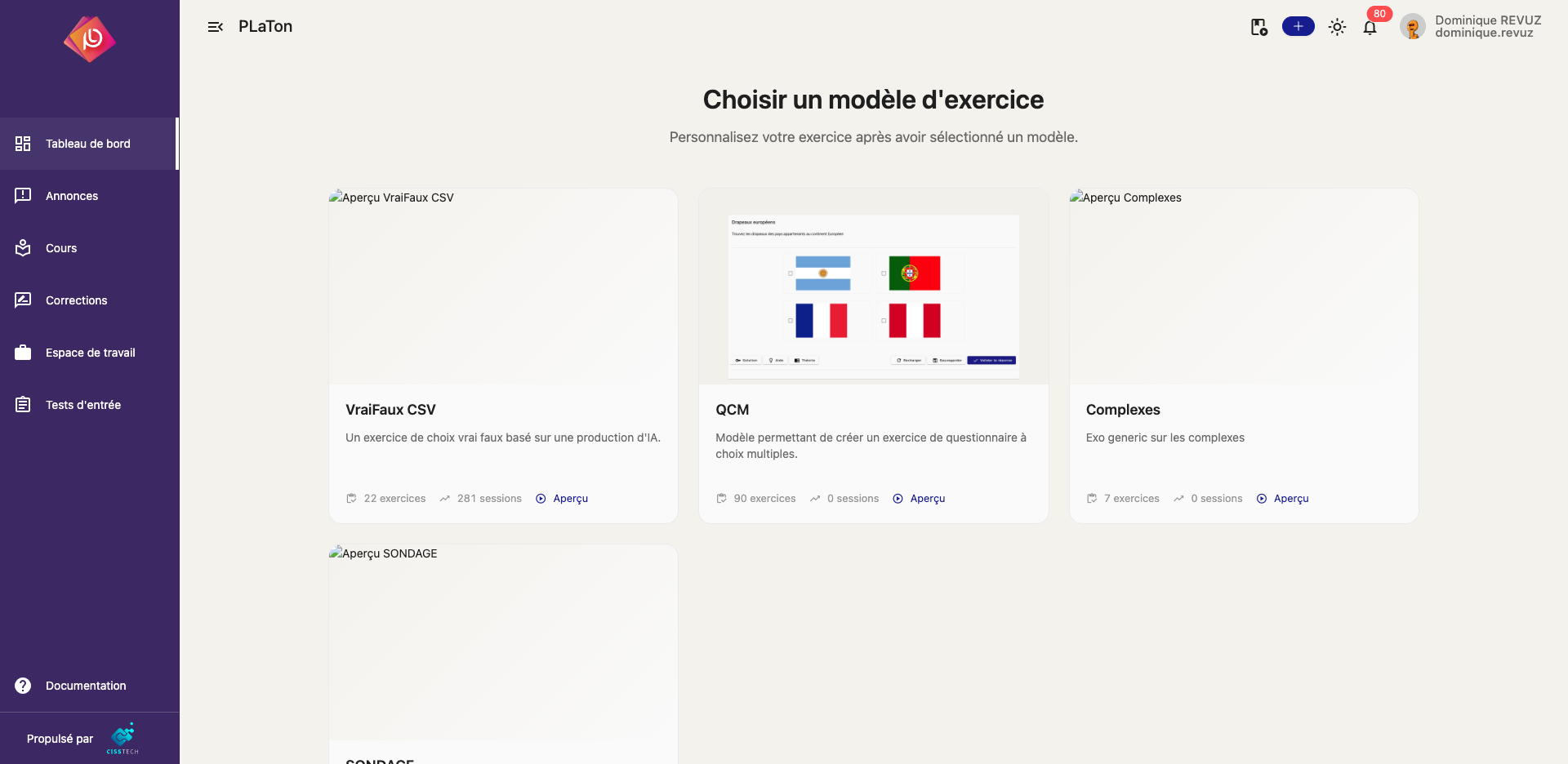 Choix d'un modèle d'exercice depuis le tableau de bord