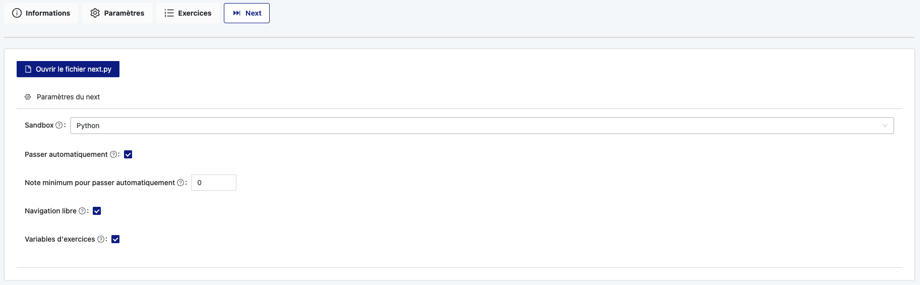 Configuration de l'activité
